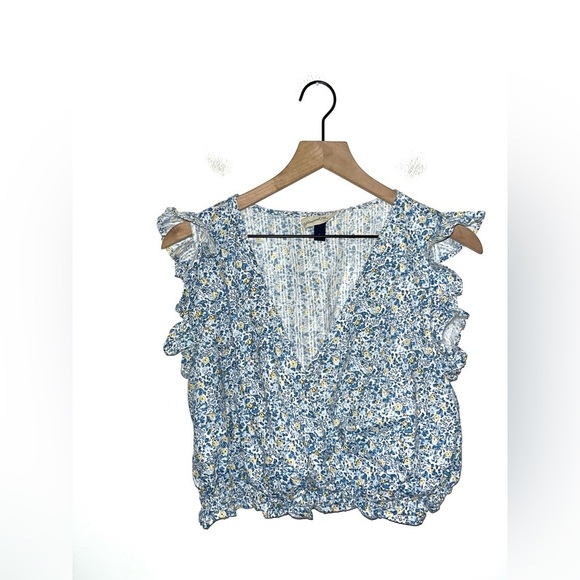 Universal Thread Blue Floral Flutter Sleeveless Cropped Wrap Top Size Large - Picture 3 of 10